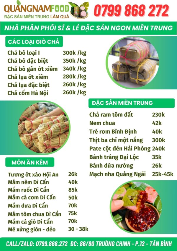 Menu đặc sản miền trung cửa hàng quangnamfood